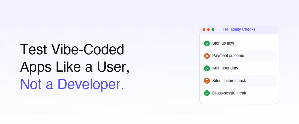 Marketing cover with the headline 'Test Vibe-Coded Apps Like a User, Not a Developer.' on the left, and a stylized reliability dashboard panel on the right showing five test result rows — Sign up flow (pass), Payment outcome (fail), Auth boundary (pass), Silent failure check (flag), Cross-session leak (pass) — with green/red/amber status indicators
