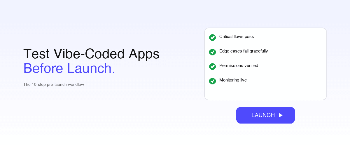 Marketing cover with the headline 'Test Vibe-Coded Apps Before Launch.' on the left and a pre-launch readiness checklist card on the right — four green-checked rows (Critical flows pass, Edge cases fail gracefully, Permissions verified, Monitoring live) above an indigo LAUNCH gate button
