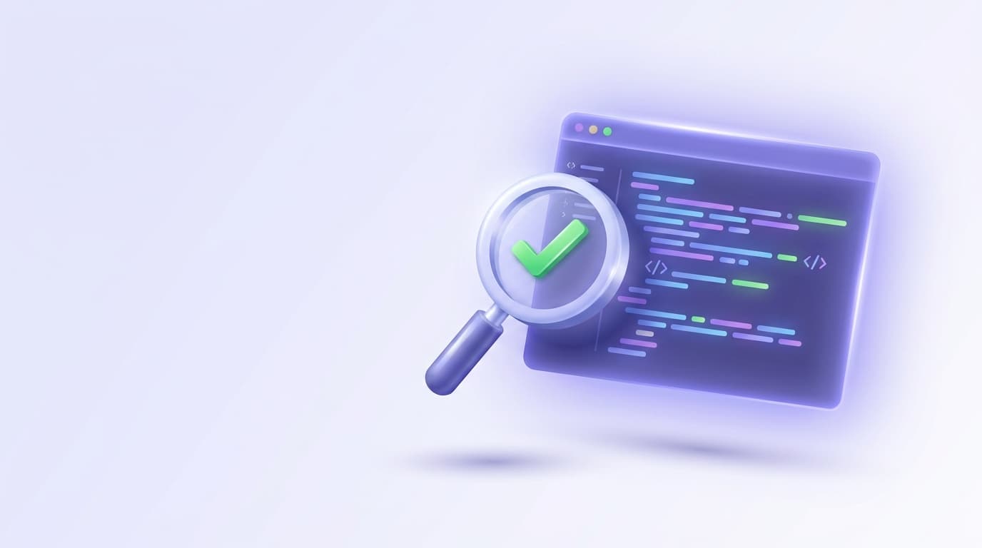 Illustrated Shiplight blog cover: a glossy magnifying glass with a green checkmark inspecting a floating browser window that is running a piece of AI-generated code.