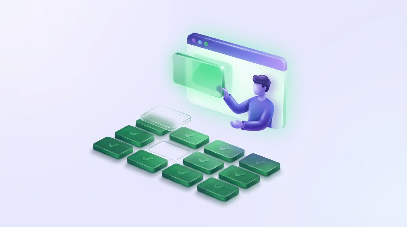 Illustrated Shiplight blog cover: a glossy grid of small green passing test cards with one lifted out and turned over to reveal it is hollow, a human figure holding it up to the light beside a real browser window.