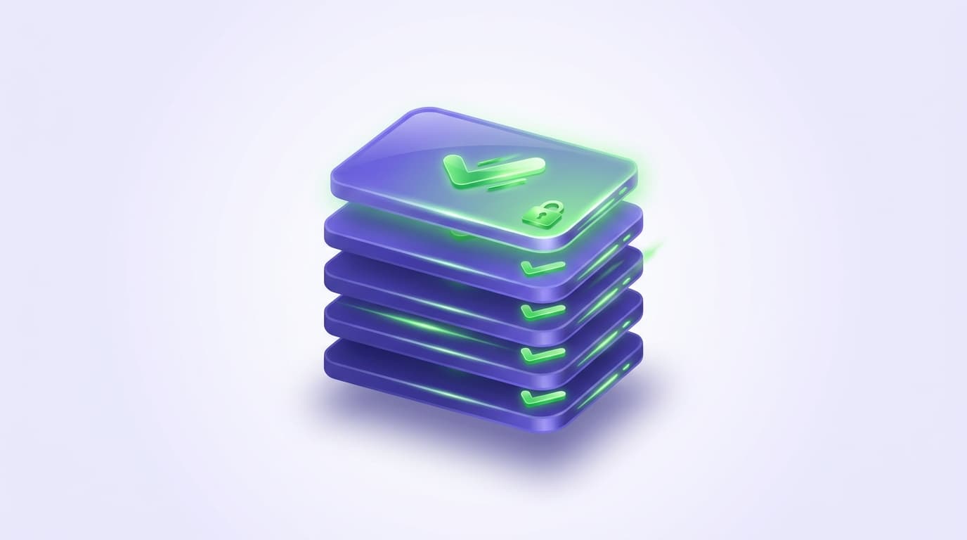 Illustrated Shiplight blog cover: a glossy tidy low-maintenance test suite of neatly stacked cards, all bright green, with no wrenches needed.