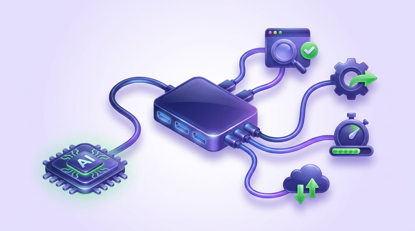 Illustrated Shiplight blog cover: a glossy MCP connector plug hub linking a glossy AI chip to several browser-testing tool icons.