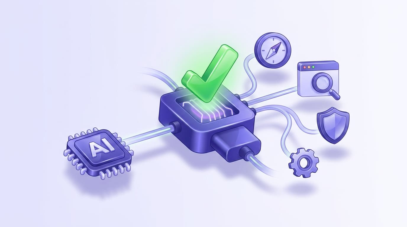 Illustrated Shiplight blog cover: a glossy central connector plug hub linking a glossy AI chip to browser-testing tool icons, producing a green checkmark result.