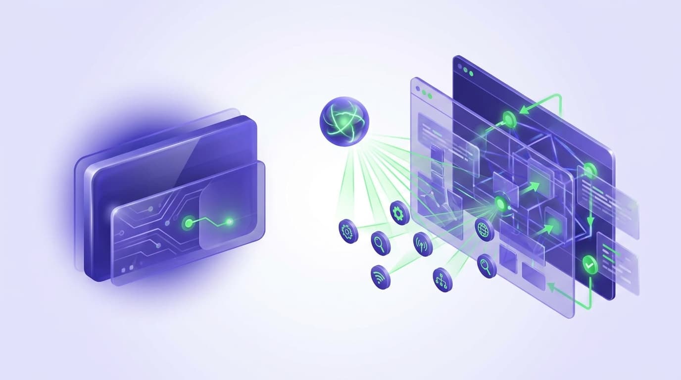Illustrated Shiplight blog cover: a developer-facing API endpoint card beside a model-facing protocol layer wrapping it, an AI agent discovering tools at runtime.