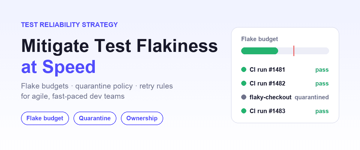 Engineering team dashboard tracking a flake budget and quarantined tests while CI stays green and releases ship on schedule