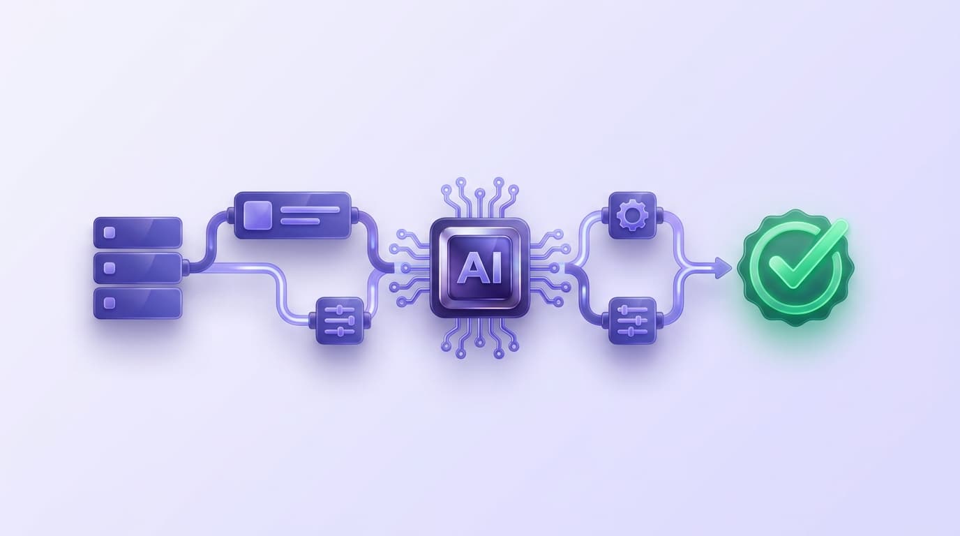 Illustrated Shiplight blog cover: a glossy streamlined modern end-to-end workflow flowing left to right through an AI chip to a green checkmark.