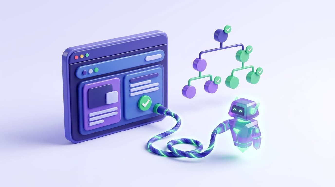Illustrated Shiplight blog cover: a glossy browser window wired through a glowing protocol connector to an AI agent, the page rendered beside it as a clean structured accessibility tree of labeled nodes.