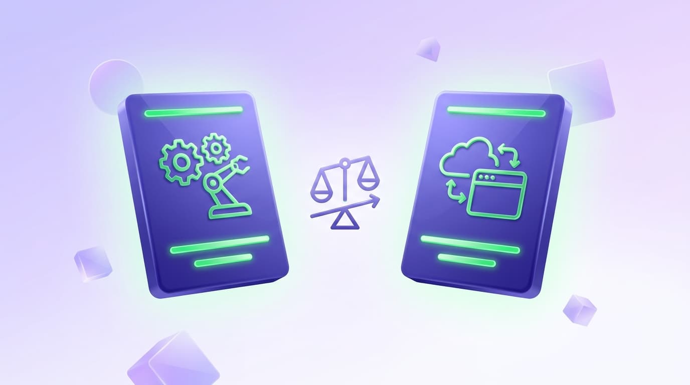 Illustrated Shiplight blog cover: two glossy browser-automation framework cards balanced side by side in a clean head-to-head comparison.