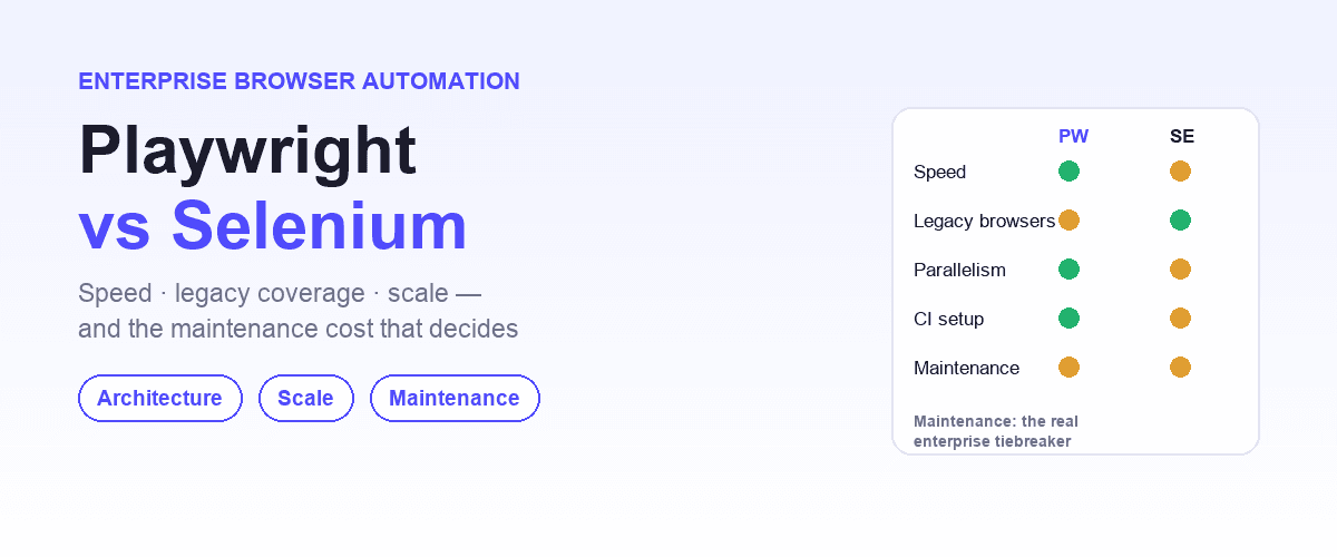 Side-by-side comparison panel of Playwright and Selenium with an enterprise scorecard for speed, browser coverage, scalability, and maintenance cost