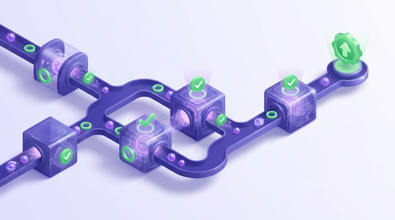 Illustrated Shiplight blog cover: a system of automated quality gates built into a delivery pipeline rather than one inspection station at the end.
