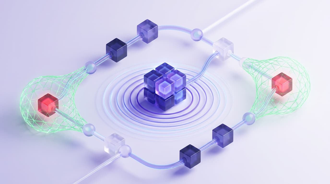 Illustrated Shiplight blog cover: a glossy central code edit sending ripples outward to connected app-flow nodes, a couple turning red while a green safety net of tests catches them.