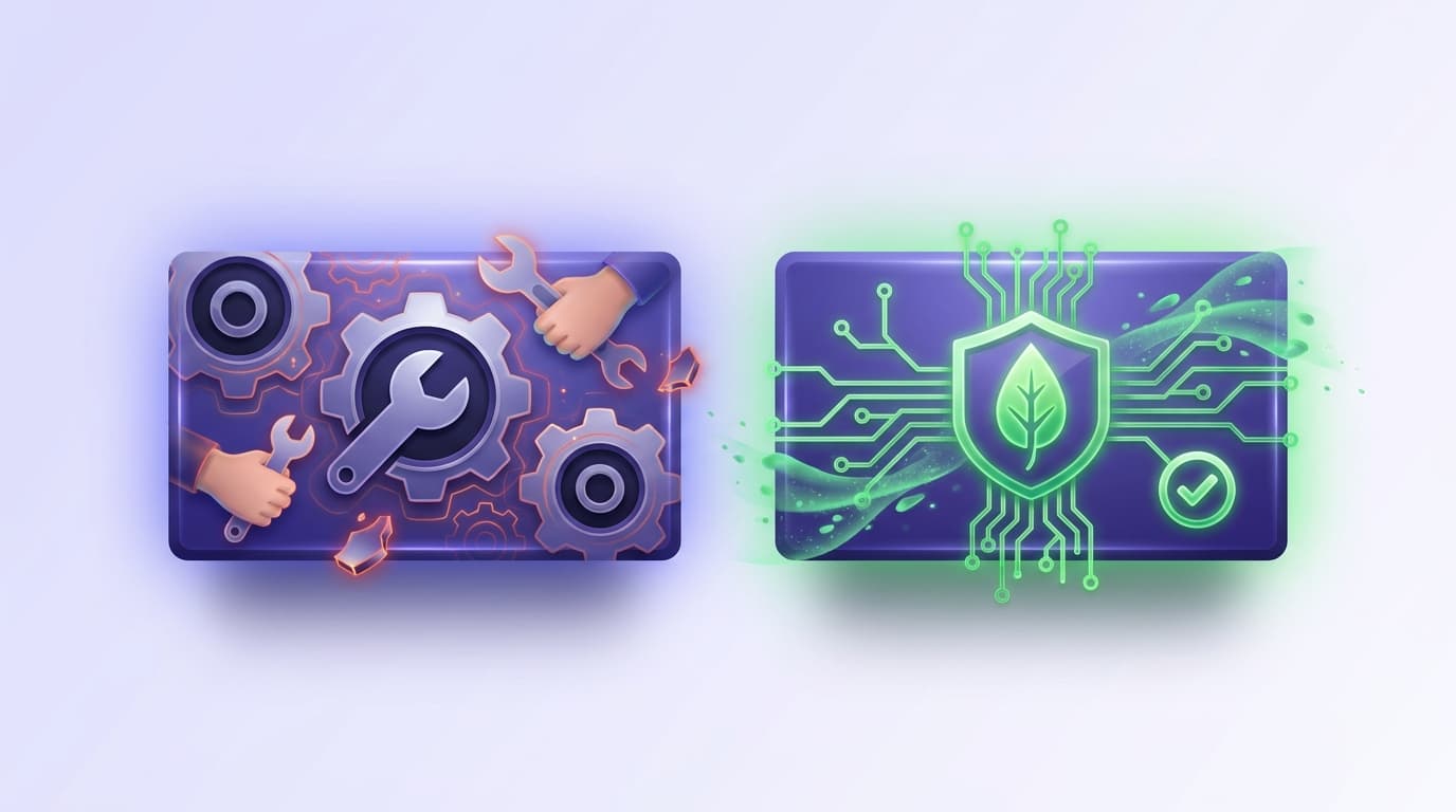 Illustrated Shiplight blog cover: two glossy panels contrasted, a wrench-heavy manual maintenance scene on the left and an automatic green self-healing scene on the right.