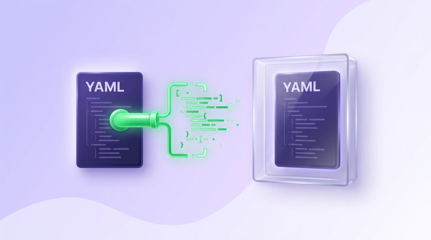 Illustrated Shiplight blog cover: two glossy YAML document panels side by side, the left connected by a bright green pipe to an open code block flowing freely outward, the right sealed inside a clear glass case.
