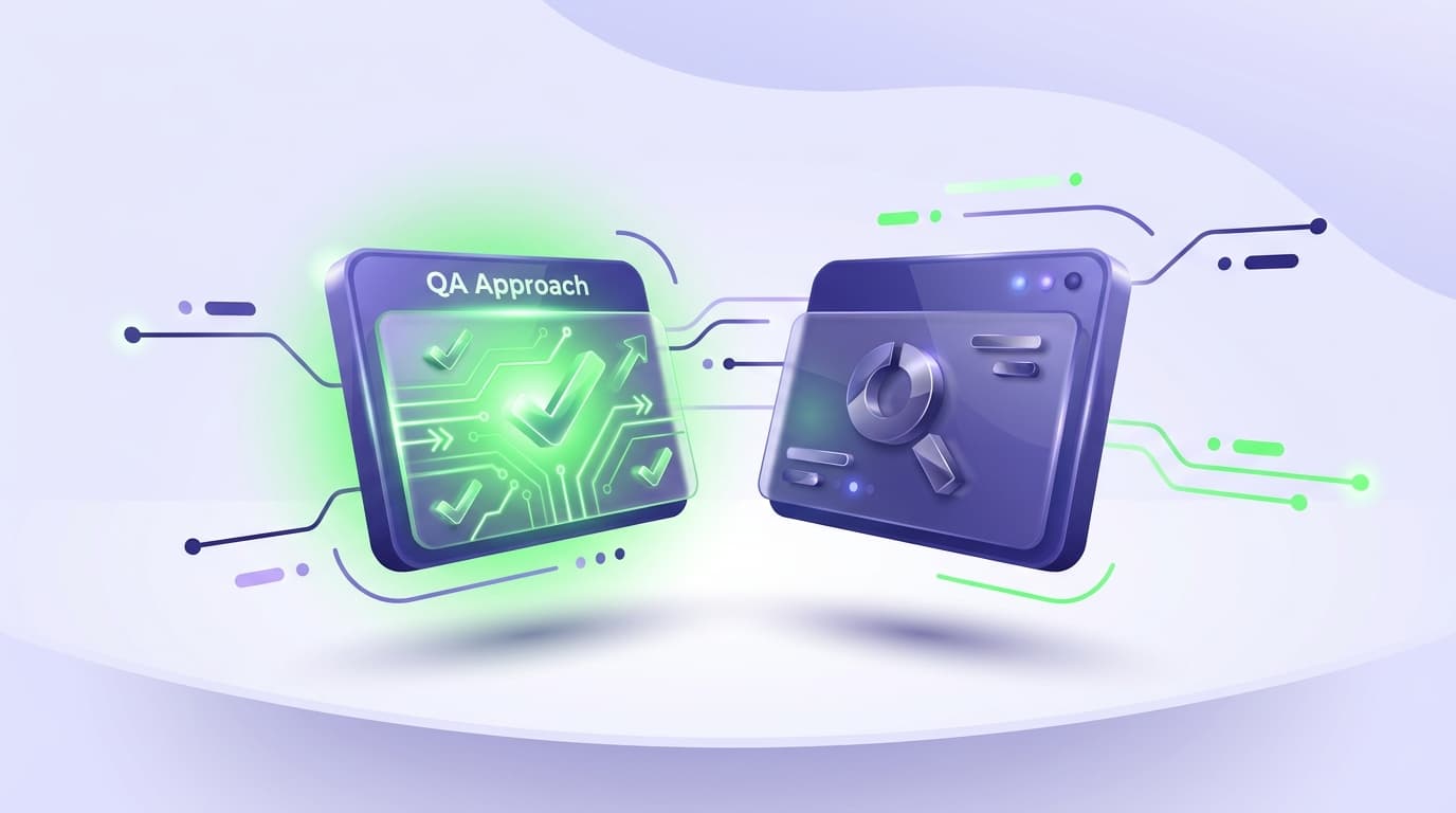 Illustrated Shiplight blog cover: a glossy head-to-head of two abstract QA approach cards with the left one glowing bright green as the more scalable fit.
