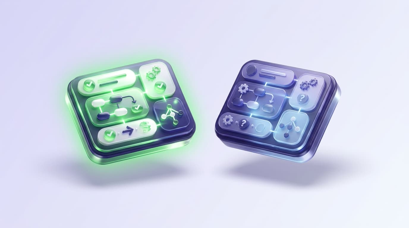 Illustrated Shiplight blog cover: a glossy comparison of two abstract intent-based testing cards with the left one highlighted bright green.