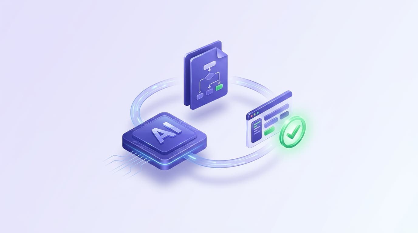 Illustrated Shiplight blog cover: a glossy AI chip reading a specification document and producing a small app window, with a green checkmark verifying the output matches the spec, arranged in a compact loop.