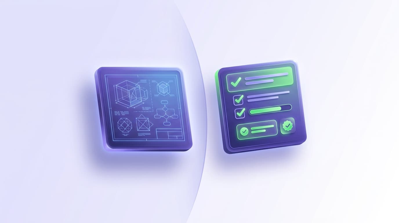 Illustrated Shiplight blog cover: two glossy floating panels balanced side by side, a spec-first blueprint on the left and a test-first green checklist on the right, on a soft divider.