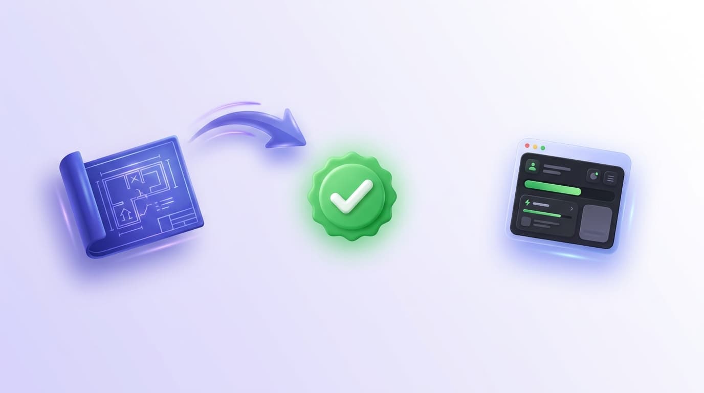 a glossy spec blueprint transformed through a green verification badge into a working app window.