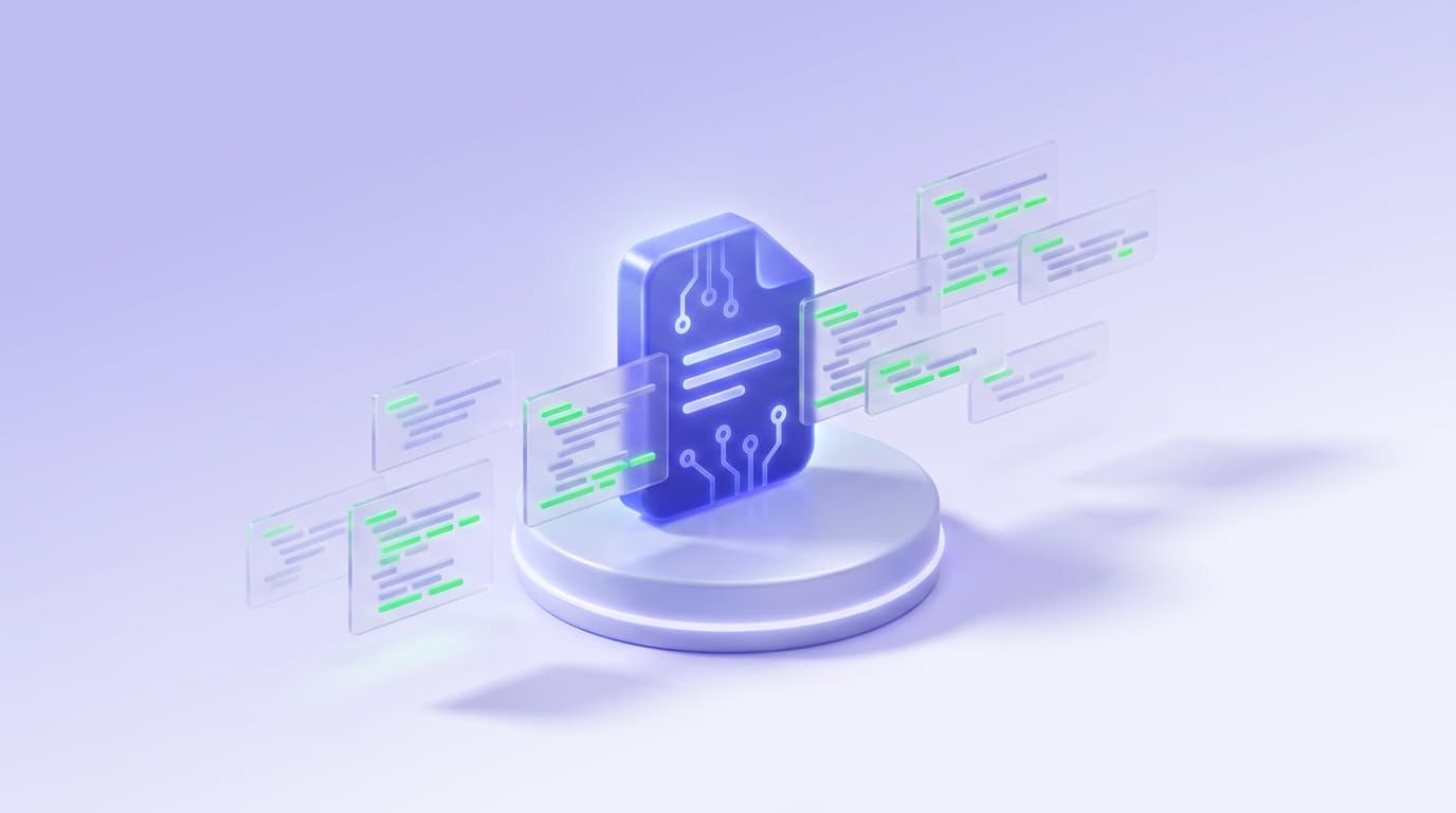 Illustrated Shiplight blog cover: a single glowing indigo specification document raised on a subtle pedestal as the source of truth, with translucent disposable code blocks being regenerated from it.