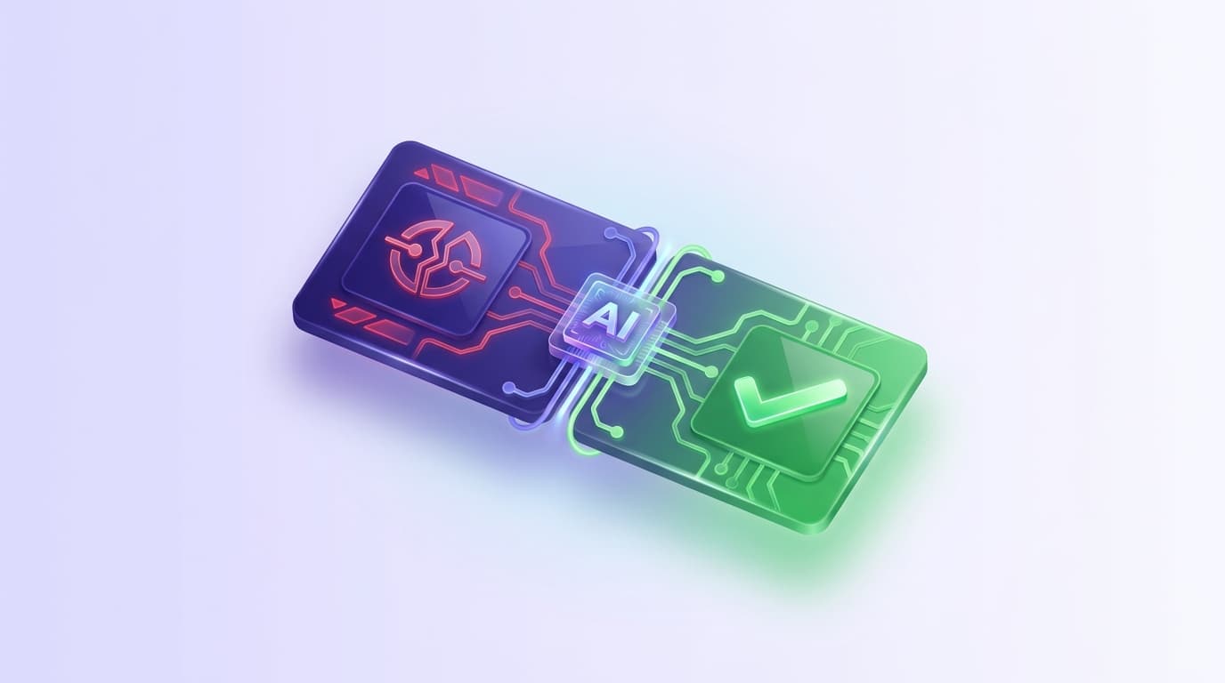 Illustrated Shiplight blog cover: a glossy red failing-test card transforming into a green passing-test card with a checkmark, a small AI chip assisting the red-to-green transition.
