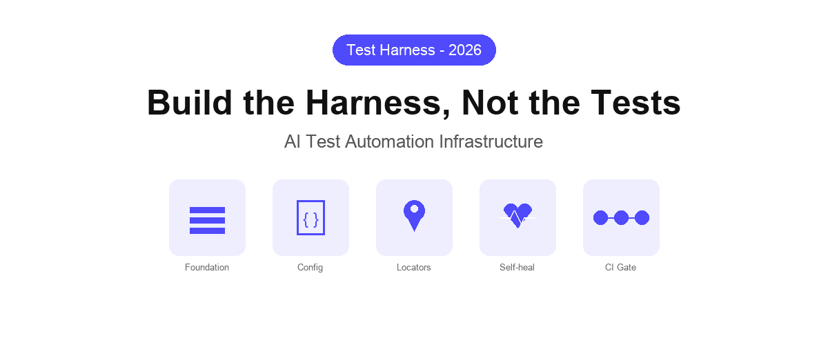 Marketing cover for 'Build the Harness, Not the Tests' with a Shiplight indigo 'Test Harness 2026' pill badge and five icon tiles representing the test harness layers (Foundation, Config, Locators, Self-heal, CI Gate)