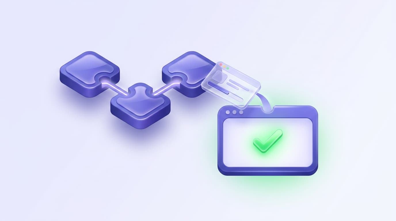 Illustrated Shiplight blog cover: three glossy app-builder blocks generating a small app that flows into a browser window verified by a bright green checkmark.