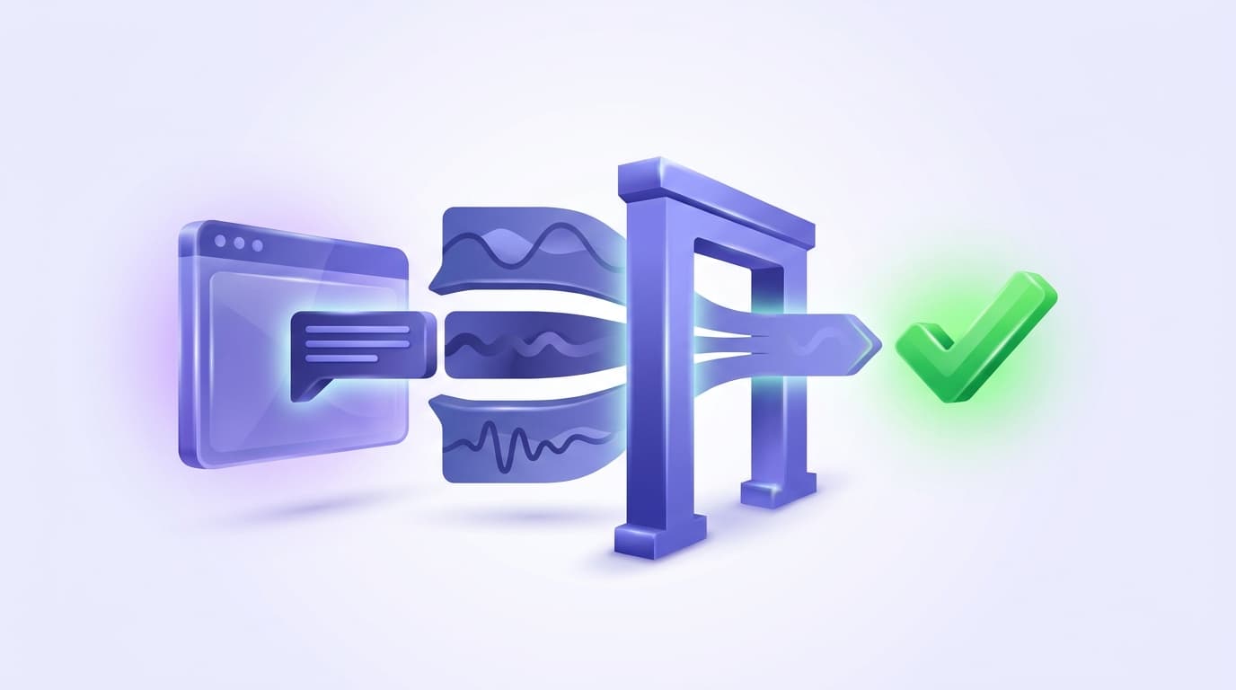 Illustrated Shiplight blog cover: a glossy chat window emitting three differently worded responses that all pass through one structural assertion gate into a bright green checkmark.