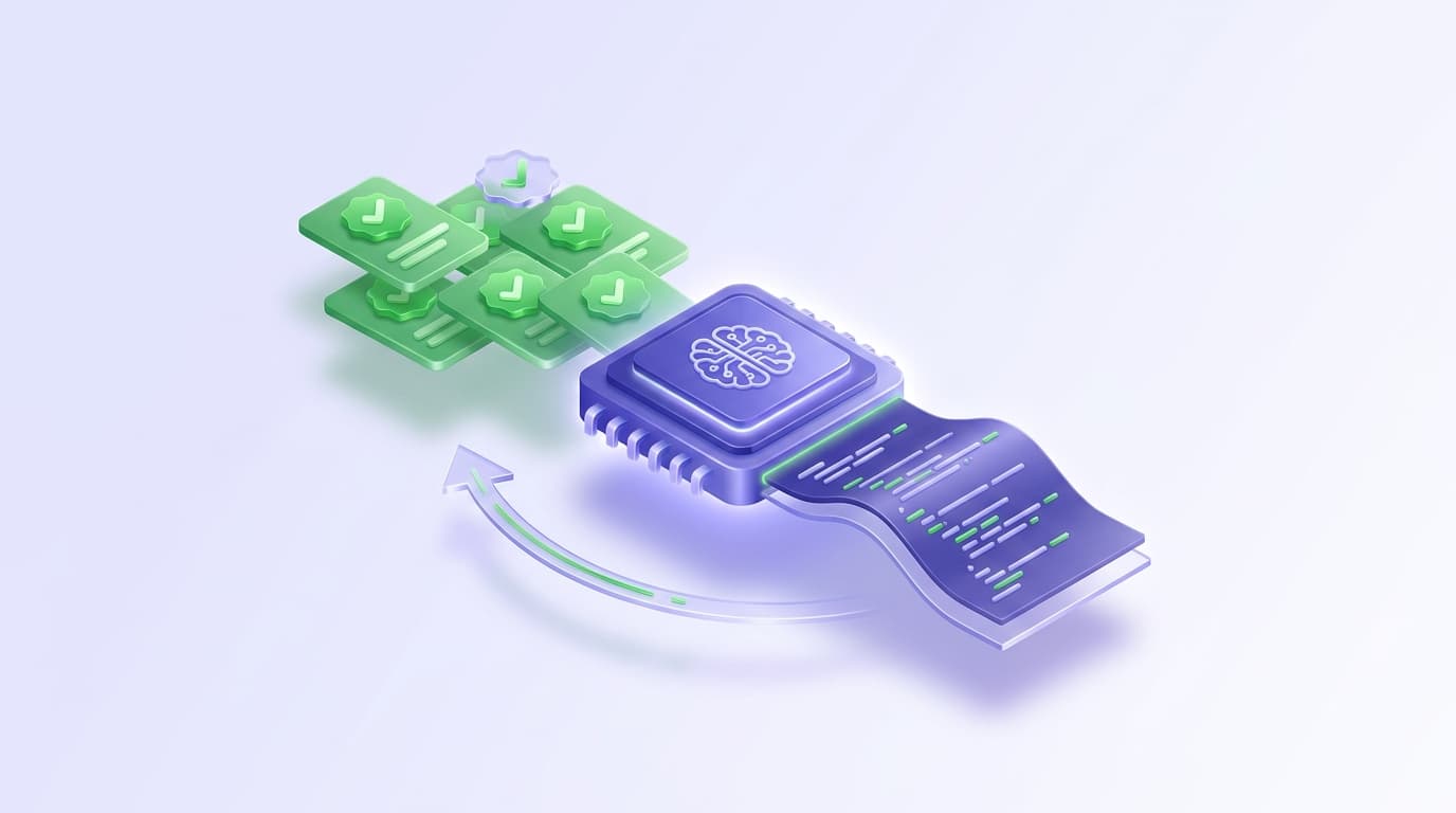 Illustrated Shiplight blog cover: glossy green test-checkmark cards feeding as fuel into a glossy AI chip that then writes clean code, with a subtle feedback loop arrow.