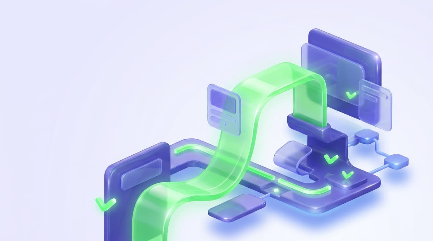Illustrated Shiplight blog cover: a glossy flexible test that bends and adapts as a UI reshapes around it, staying bright green.