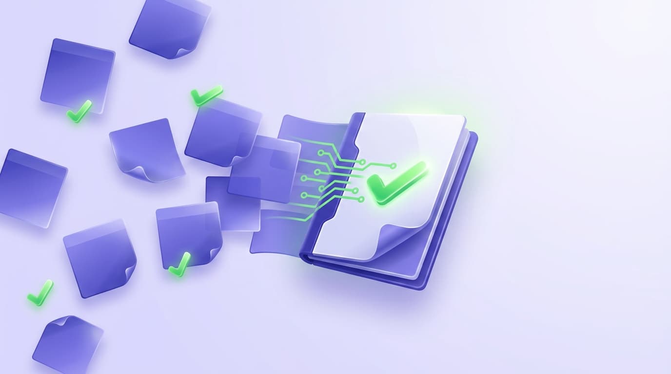 Illustrated Shiplight blog cover: glossy scattered sticky notes of tribal knowledge consolidating into one clean executable specification document.
