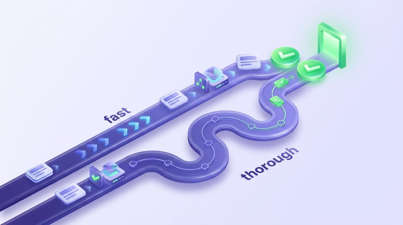 Illustrated Shiplight blog cover: a glossy dual-lane track with a fast lane and a thorough lane of end-to-end tests, both ending green.