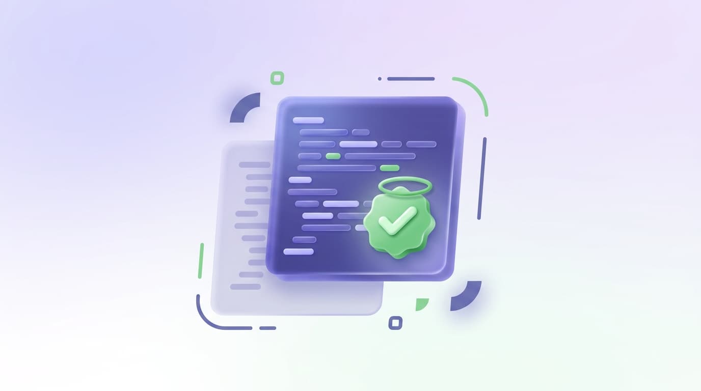 Illustrated Shiplight blog cover: a bright green verification checkmark badge stamped as proof onto a glossy block of code front and center, with a faint faded unverified code block behind it.