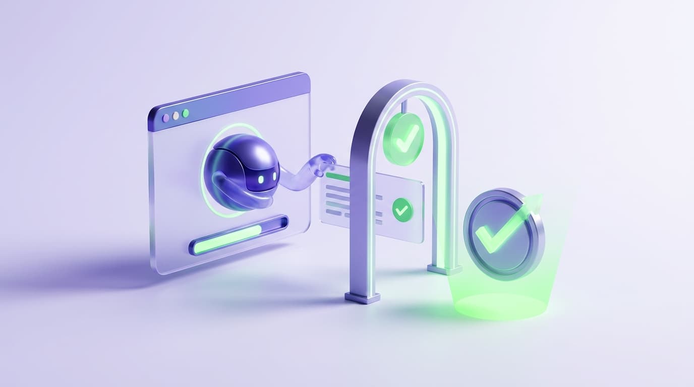 Illustrated Shiplight blog cover: a glossy agent core reaching into a real browser window and drawing out a readable test file card, with a review checkmark gate standing between the file and a bright green shipped badge.