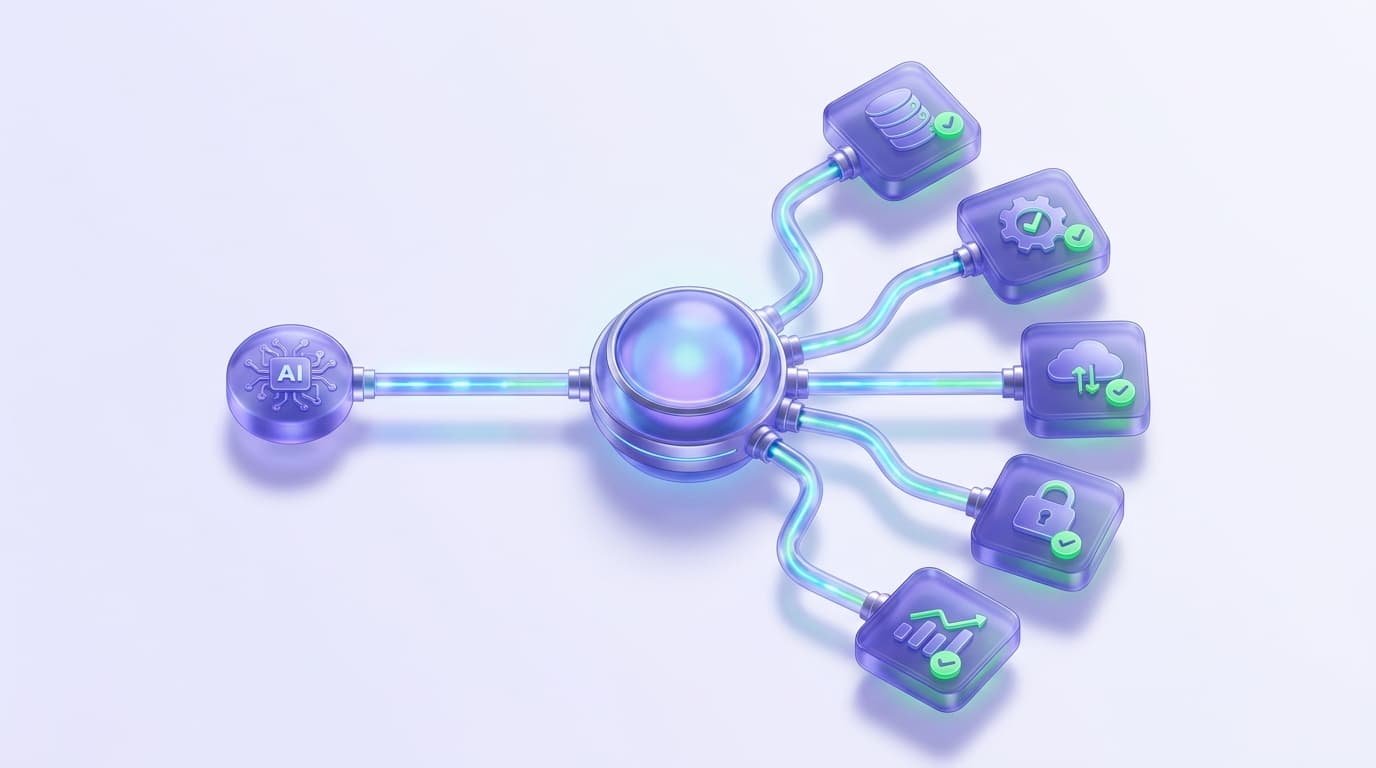 Illustrated Shiplight blog cover: a central glowing protocol hub connecting one AI agent outward to several distinct tool cards through identical connectors.