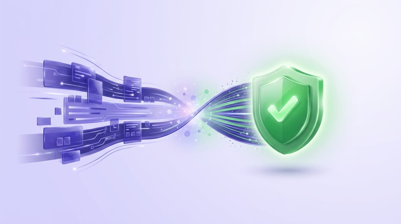 Illustrated Shiplight blog cover: a glossy scene of fast AI coding speed meeting a bright green verification shield, closing the gap between them.