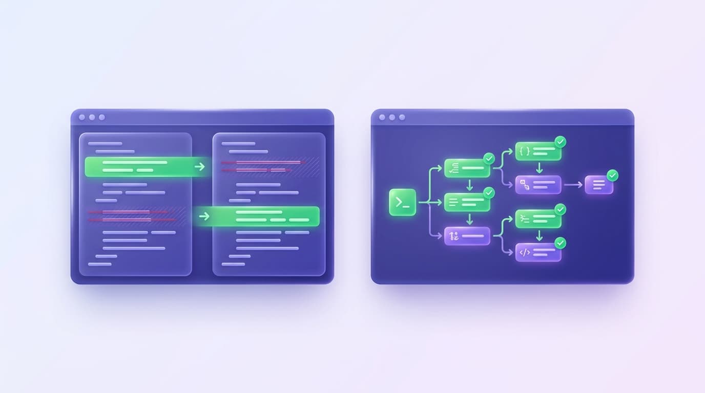 Illustrated Shiplight blog cover: two glossy AI code editor windows side by side, one showing inline diffs and one showing an autonomous multi-step flow.