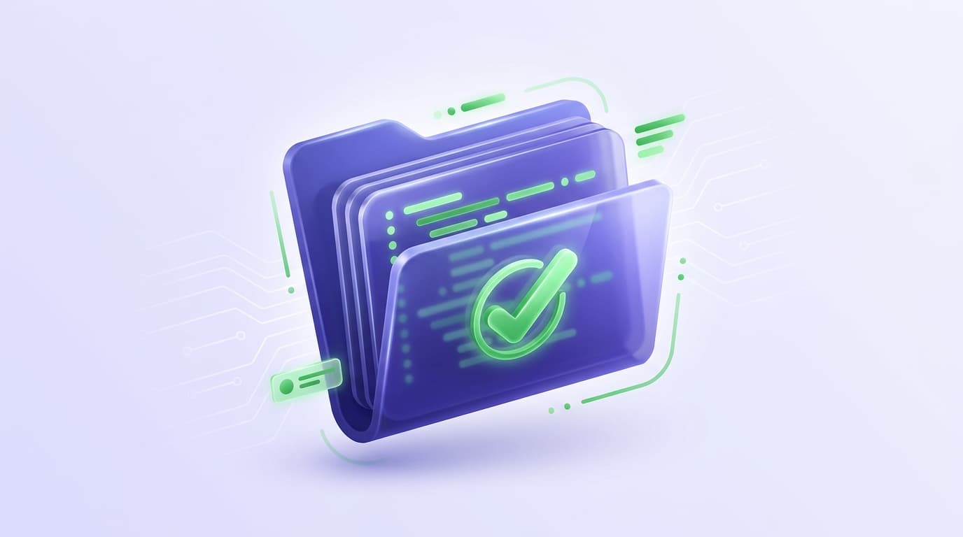 Illustrated Shiplight blog cover: a glossy clean readable YAML test file card living inside a git repo folder, stamped with a bright green checkmark.